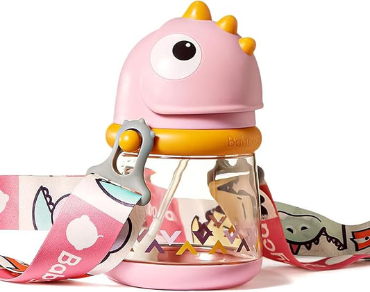 bc babycare Straw Sippy Cups for Toddler, No Spill Sippy Cups for Baby 1+ Year Old, Transition Weighted Sippy Cup with Straw and Strap, 10oz/300ml, Pink