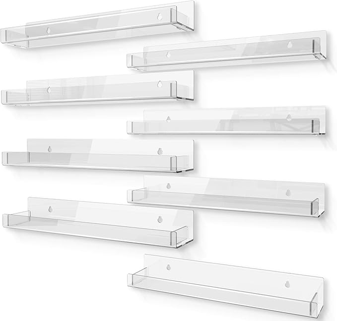 8 Pack 15 Inch Clear Acrylic Shelves, Clear Kids Floating Bookshelf for Kids Room, Modern Nail Polish Rack Sunglasses Essential Oil Picture Ledge Display Toy Storage Wall Shelf