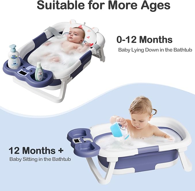 Collapsible Baby Bathtub,Baby Bath Tub with Soft Cushion & Thermometer,Baby Bathtub Newborn to Toddler 0-36 Months,Portable Travel Baby Tub