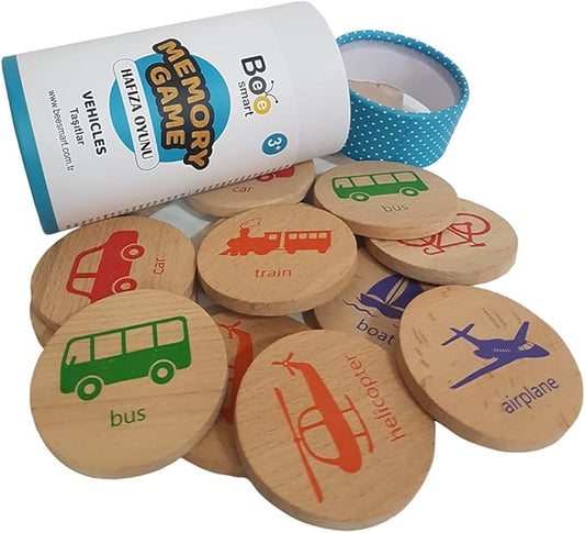 bee smart Wooden Memory Game - Matching Memory Game for Kids 3 and Up, 16Pcs | Educational Toy for Preschool Toddlers Board Games (Vehicles)