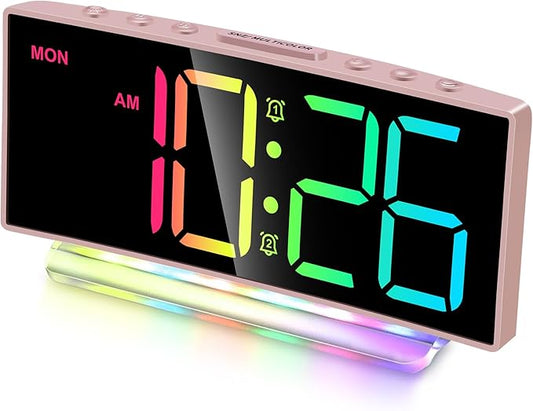 Cadmos Modern Curved Cute Digital Alarm Clock,Colorful Led Display,Adjustable Volume,Weekday/Weekend Mode,Simple Clock for Bedrooms Bedside,Ok to Wake Up for Girls,Kids,Teens (Pink+Dynamic)