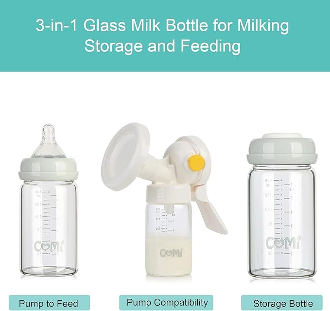 COMI Wide Neck Glass Breastmilk Collection n Storage Bottle, 6oz with Screw Ring Sealing Disk; Re-markable Sealing Disc. BPA Free, Fits Breast Pumps & Nipples (Gray Lids)