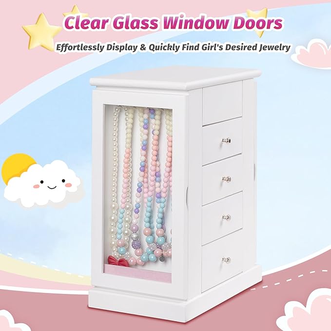 Jewelry Box for Girls, Musical Jewelry Box with Spinning Dancer Gifts for Little Girls Christmas New Year Birthday Children's Day, 5 Layer Large Wooden Kids Music Jewelry Organizer Box(White)