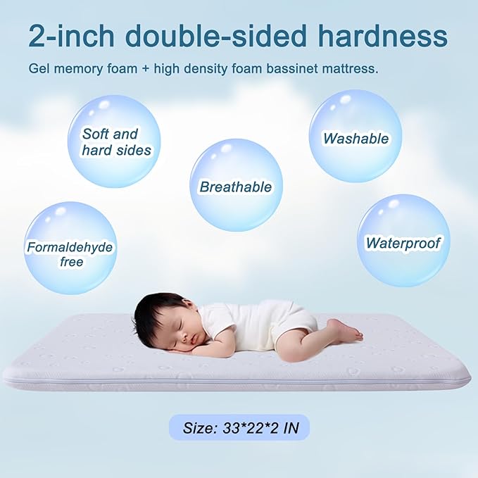 Baby Bassinet Mattress Topper, 35" x 20" x 2" Dual Sided Gel Memory Foam Mattress with Breathable Removable Soft Cover Fit for Yamesmile/Bellababy/AMKE/ANGELBLISS Baby Bassinet
