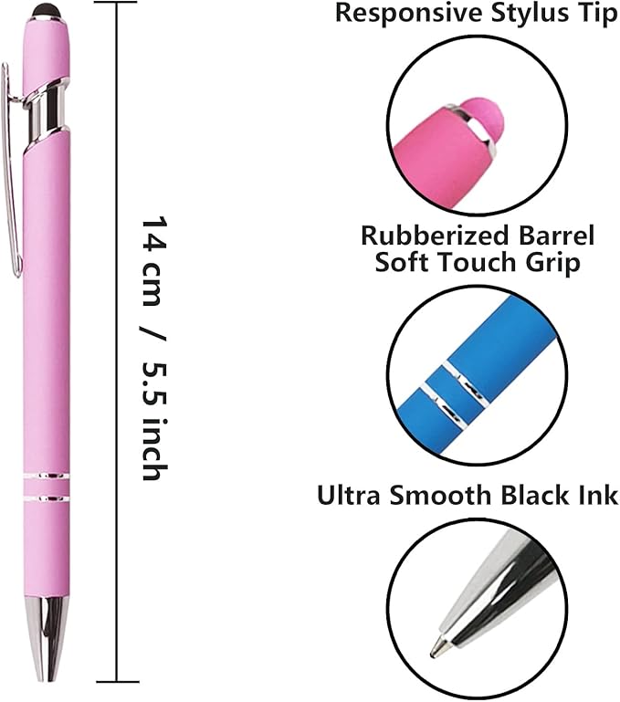 Ballpoint Pen with Stylus Tip, Soft Touch Click Metal Pen, 1.0mm Medium Point, Black Ink, 12 Count(Light Purple)