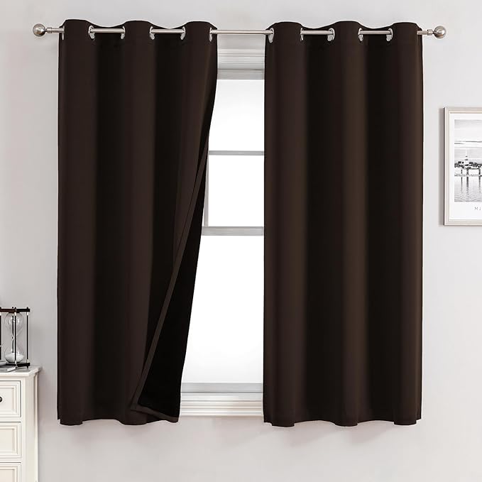 ChrisDowa 100% Blackout Curtains for Bedroom with Black Liner, 2 Thick Layers Total Blackout Thermal Insulated Grommet Small Window Curtains 2 Panels Set (Brown, 42 x 54 Inch)