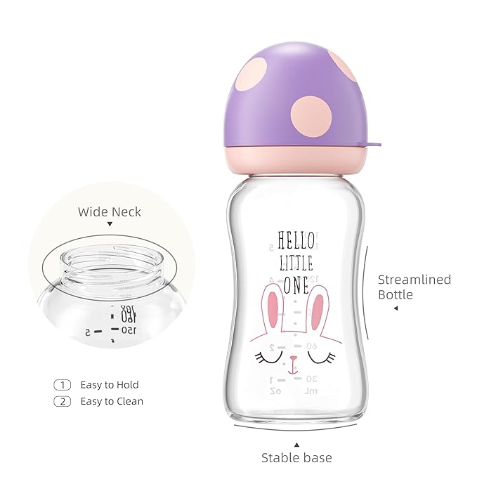 YOHKOH Natural Glass Baby Bottle with Natural Response Nipple, Newborn Anti-Colic Baby Bottles, Wide Neck Mushroom Cap Baby Bottle, Clear ((5.4oz (Pack of 2), Purple)