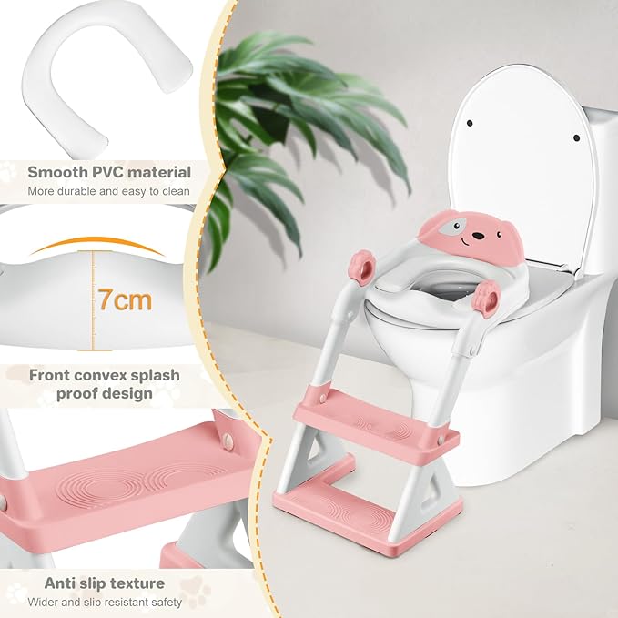 2 In 1 Potty Training Toilet Seat & Toddler Step Stool, Bottom Triangle Stability Toddler Toilet Seat, Adjustable Step & Seat Height Potty Seats (Pink)