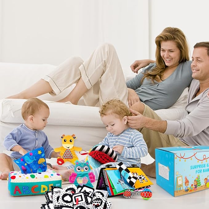 Baby Gifts Set,Infant Toys Set with Tummy Time Mirror,Plush Teethers,High Contrast Baby Books,Rattle,Tissue Box Toy,Sensory Ball for Boys Girls,Perfect Sensory Toys Gifts Basket for Shower Birthday