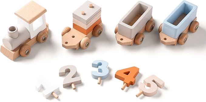 ibwaae Wooden Train Set for Baby Toys with Numbers and Blocks Train Toy 12 PCS for Toddler Boys and Girls 1 2 3 4 5 Birthday Toys