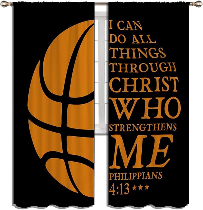 Basketball Blackout Curtains for Boy Girl Room Darkening Decor,Sport Theme and Motto Dark Background Bedroom Living Room Home Rod Pocket Thermal Insulated Window Curtain/Drapes Panel,84x72 Inch…