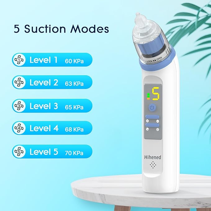 Electric Nasal Aspirator for Baby, Nose Aspirator for Toddlers, Rechargeable Baby Nose Sucker, Nose Cleaner with 3 Silicone Tips, 5 Suction Levels, Music and Light Soothing Function，Blue