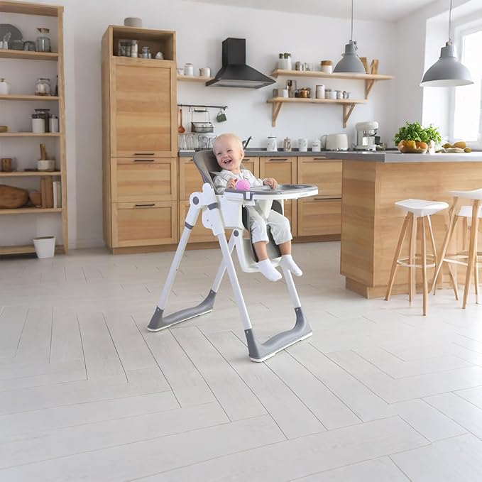 3-in-1 Foldable High Chair for Babies & Toddlers – Adjustable Height, Reclining Seat, 5-Point Safety Harness, Removable Tray, Lockable Wheels, Washable Cushion – Portable & Easy Clean, Grey