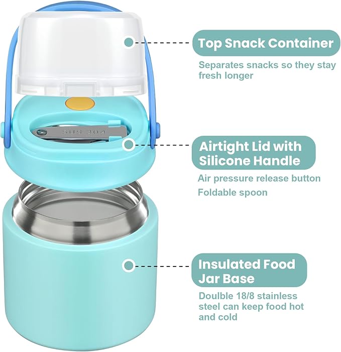 2-in-1 Insulated Food Jar & Snack Container - 15oz Kids Soup Thermos for Hot Food with Handle and Spoon, Leak Proof Reusable Toddler Snack Box, Perfect for School & Travel, Tiffany Blue