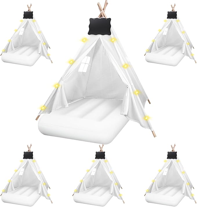 6 Pcs Kids Teepee Tent Bulk with Light String Inflatable Airbed Bedding Fitted Sheet and Markeable Small Blackboards for Boys Girls Indoor Outdoor Slumber Party (White)