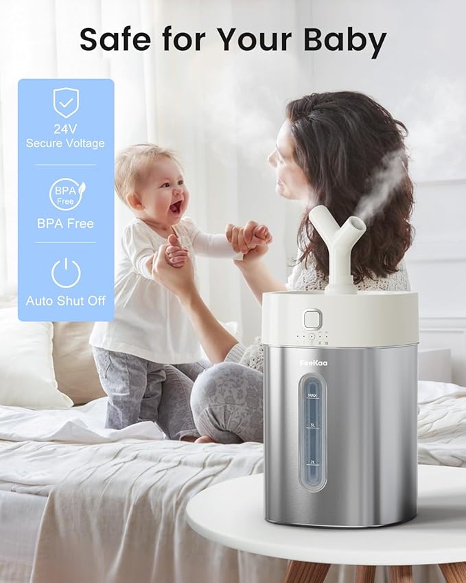 Feekaa Stainless Steel Humidifier Easy Clean, 4L/1Gal Cool Mist Humidifiers for Bedroom up to 500 sq ft, Dishwasher Safe Humidifier Large Room, Humidifiers for Bedroom Baby Nursery Living Room Office
