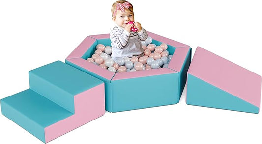 Foam Climbing Blocks for Girls Toddlers,Pink Soft Play Set Ball Pit,Climb & Crawl Foam Playset for Kids, Toddler Climber Indoor with Pad,Easy to Clean