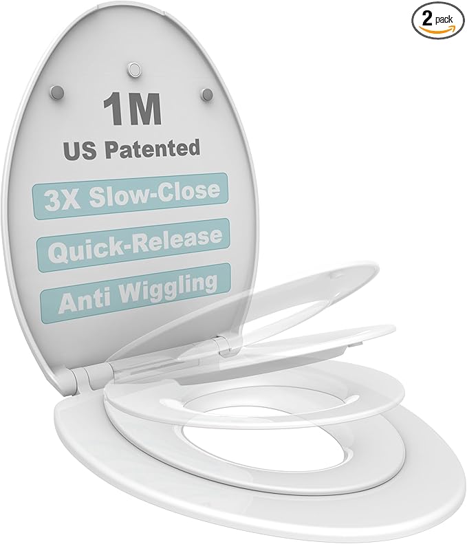 Elongated Toilet Seat with Toddler Seat Built In, Slow Close for Both Child & Adult Seats, Potty Training, No Wiggle and Easy to Install, Detachable Toddler Seat, White (2Pcs Pack)