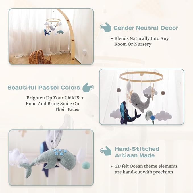 EERKEOD Baby Crib Mobile Ocean Nursery Mobile for Boys Girls Handmade Felt Mobile for Crib Nursery Decor for Infant Bedroom Hanging Baby Mobile for Bassinet Newborn Baby Gift（Whales）