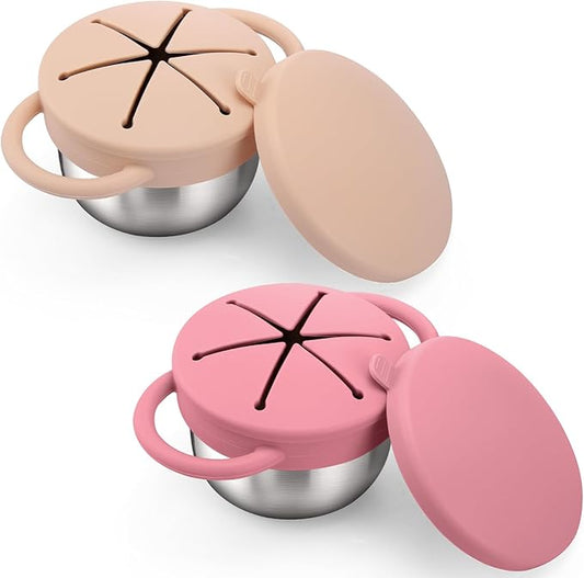 BUSOHA 2 Pack Stainless Steel Toddler Snack Cups - 9 OZ Spill-Proof Baby Snack Containers with Silicone Catcher and Lid Travel Snack Containers for Kids Dishwasher Safe Food Grade Silicone
