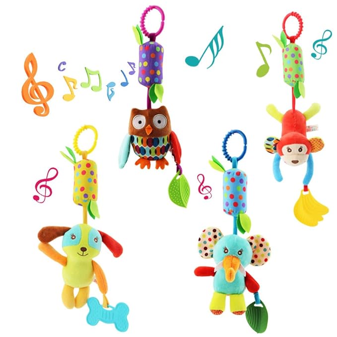 4 PCS Baby Soft Hanging Rattle Crinkle Squeaky Toy - Baby Toys for 0 3 6 9 to 1 Animal Ring Plush Stroller Infant Car Bed Crib Travel Activity Hanging Wind Chime with Teether for Boys Present