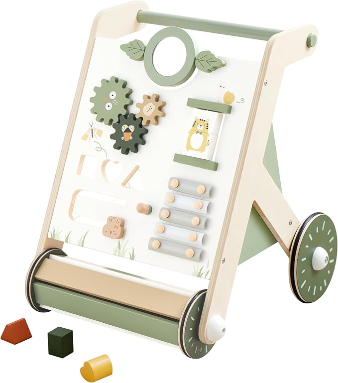 Beright Wooden Baby Walker with Roller Upgraded, Push and Pull Learning Activity Walker, Multi-Functional Kids’ Activity Toys, Develops Motor Skills & Stimulates Creativity, Green