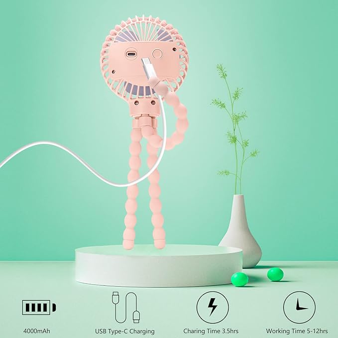 snawowo Mini Handheld Personal Portable Fan, Baby Stroller Fan, Car Seat USB or Battery Powered, with Flexible Tripod Clip on Student Bed Desk Bike Crib Treadmill Camping Traveling(Pink)