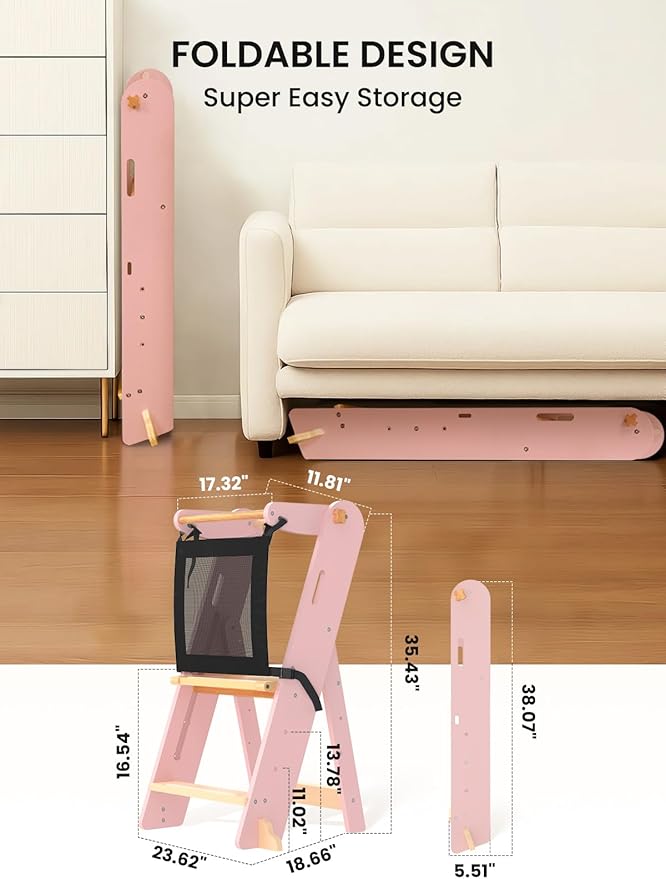 GROWNSY Foldable Step Stool Toddler Tower, Toddler Kitchen Stool Helper, Collapsible Kids Standing Learning Tower with 3 Adjustable Heights and Safety Net for Kitchen Bathroom Sink Counter (Pink)