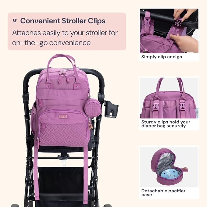 BabbleRoo Diaper Bag Backpack - Baby Essentials Travel Tote - Multi Function Waterproof Diaper Bag, Travel Essentials Baby Bag with Changing Pad, Stroller Straps & Pacifier Case - Unisex, Purple