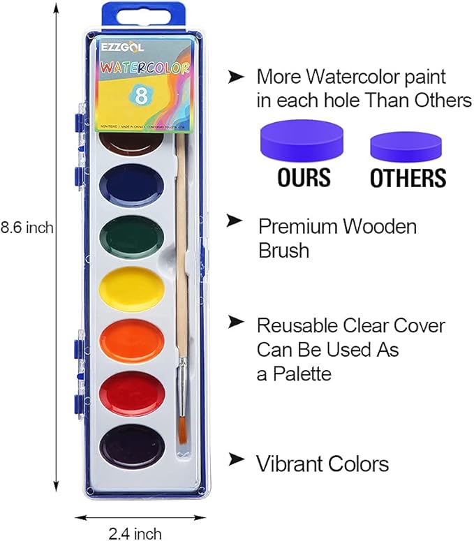 24 Count Watercolor Paints, 8 Colors, Washable, Non-Toxic, Perfect for Kids 3+