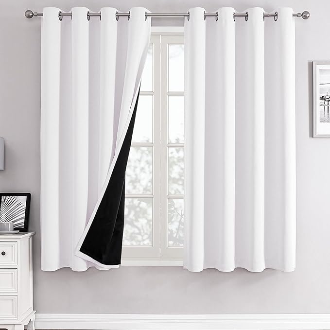 ChrisDowa White 100% Blackout Curtains for Bedroom with Black Liner, 2 Thick Layers Total Blackout Thermal Insulated Grommet Window Curtains 2 Panels Set (Pure White, 52 x 63 Inch)