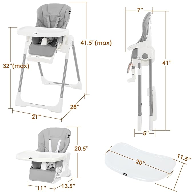 INFANS High Chair for Babies & Toddlers, Foldable Highchair with Multiple Adjustable Backrest Footrest Seat Height, Removable Tray, Detachable PU Leather Cushion Wheels (with Booster, Light Grey)