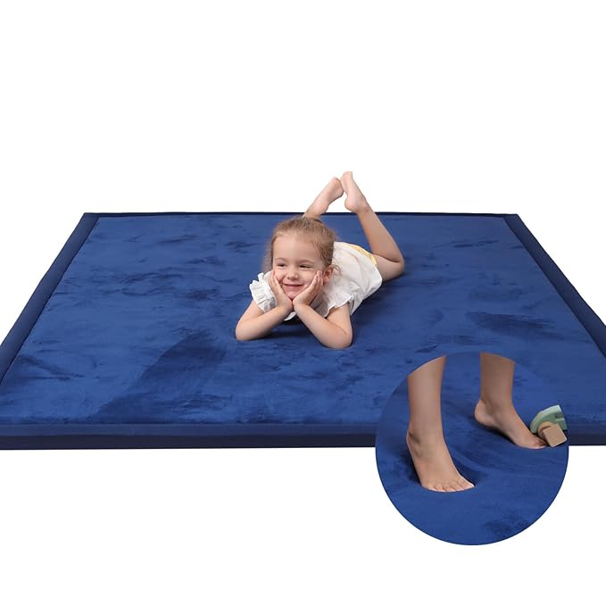 Baby Play Mat for Floor,1.3" Thick Elasti-Foam 74×50 Playpen Mat for Toddlers Infant kids,Water-Repellent Soft Coral Velvet for Tummy Time, Non-Slip Backing for Crawling,Tatami Style(Dark Blue)