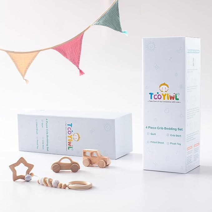 4 Piece Crib Bedding Set for Boys Girls, Infant Toddler Nursery Baby Bedding Sets Includes Cartoon Quilt, Fitted Crib Sheet, Crib Skirt and Plush Elephant Toy