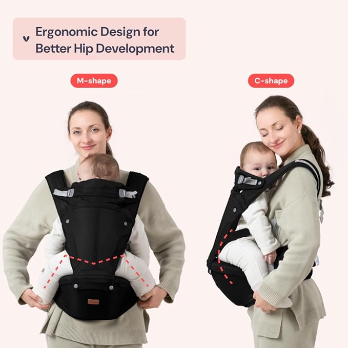 BabbleRoo Grow Carrier – Safety-Certified 6-in-1 Baby Carrier with Hip Seat, Ergonomic & Adjustable Toddler Carrier 7-50 lbs with Hip Support, Hood for Sun Protection, Newborn to Toddler, Black