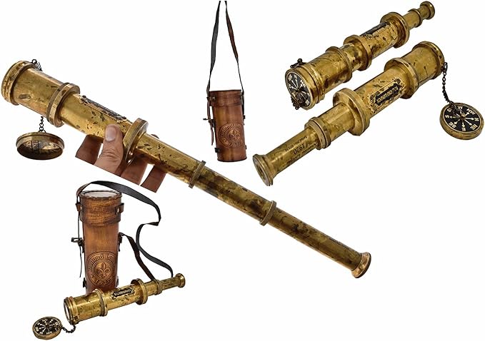 Antique Brass Pirate Telescope Camping Accessories Telescope for Adults Marine Sailor's Spyglass, 18 inch Brass Made w High Resolution Magnification w Brown Leather Case Nautical Gift