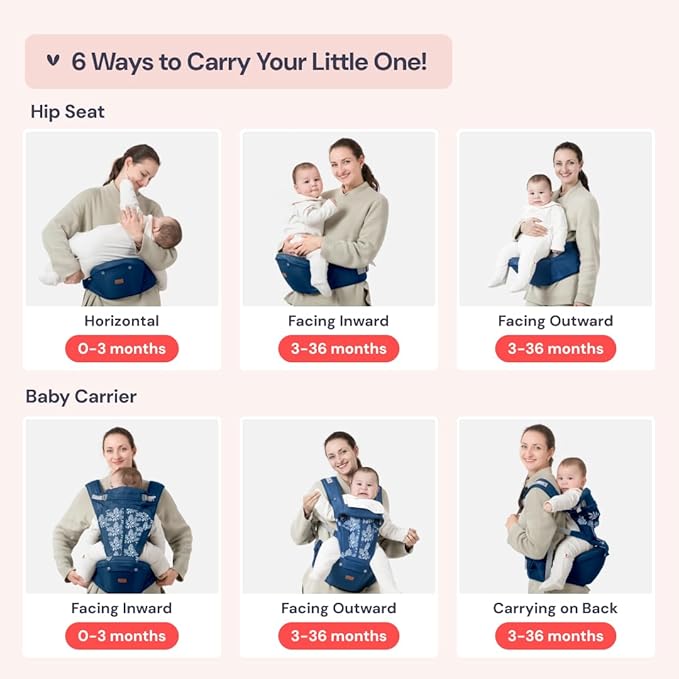 BabbleRoo Grow Carrier – Safety-Certified 6-in-1 Baby Carrier with Hip Seat, Ergonomic & Adjustable Toddler Carrier 7-50 lbs with Hip Support, Hood for Sun Protection, Newborn to Toddler, Denim Leaves