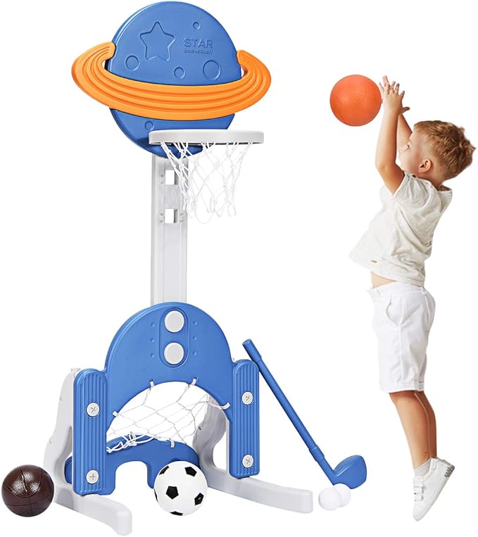 Costzon Kids Basketball Hoop, Toddler Sports Activity Center w/ 5 Adjustable Height Levels, Basketball Soccer Golf Game Set, Indoor Outdoor Basketball Hoop Set Gift for Baby Infant