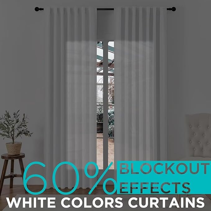 Joydeco 96 Inch 60% Blackout White Curtains 2 Panels, Elegant Semi Sheer Curtains for Bedroom, Thermal Insulated Black Out Drapes for Living Room, Rod Pocket Back Tab Drapes(W52 x L96 Inch,Pure White)