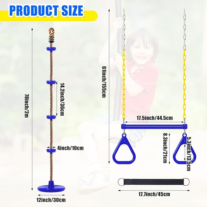 Hungdao 2 Set Gym Ring Trapeze Swing Bar and Climbing Rope with Platforms Disc Heavy Duty Coated Chains Seat Accessories for Outdoor Indoor Playground Backyard(Blue)