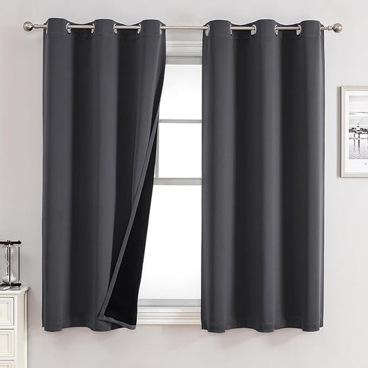 ChrisDowa 100% Blackout Curtains for Bedroom with Black Liner, 2 Thick Layers Total Blackout Thermal Insulated Grommet Small Window Curtains 45 Inch Length 2 Panels Set (Dark Grey, 42 x 45 Inch)