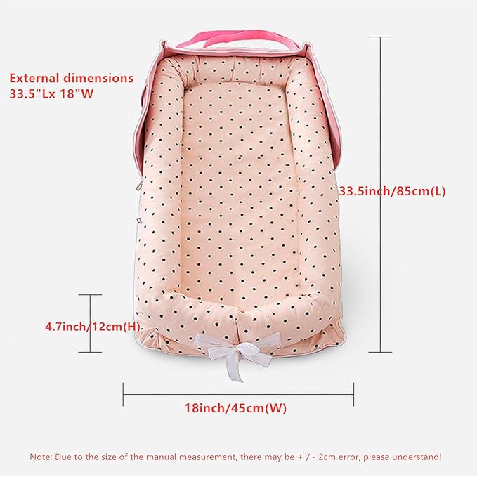 Baby Lounger for Newborn Portable Bag,Baby Nest Play Gym mat with Strap,Newborn Lounger Adjustable Size & Inner Zipper Lengthen Space to 24 Months(Pink Polka Dots)