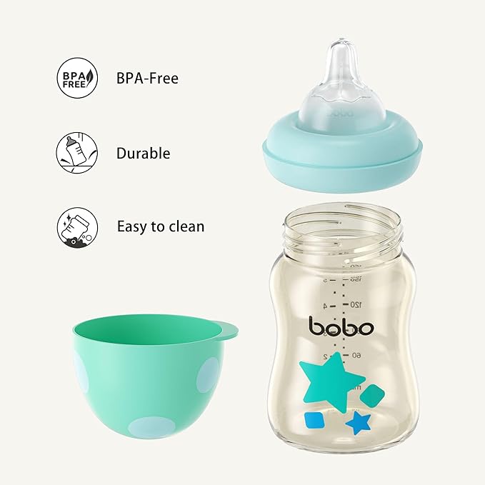 YOHKOH PPSU Baby Bottle Wide Neck, Newborn Anti-Colic Baby Bottle with Natural Response Nipple, Streamlined Body, Easy to Clean (5.4oz (Pack of 2), Blue)