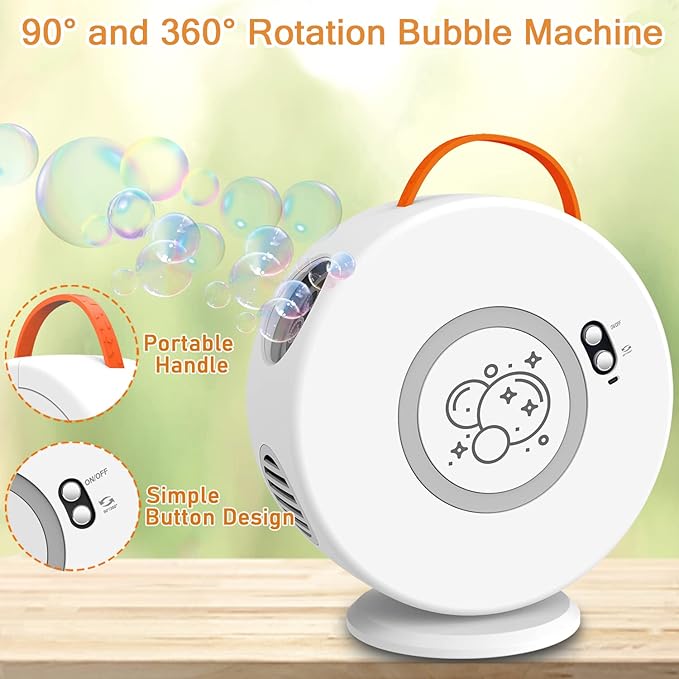 Bubble Machine Automatic Bubble Blower for Kids Toddlers Rechargeable Battery Portable Bubble Maker Electric Bubble Machine Auto Rotating 90°/360° Outdoor Toy for Birthday Party Wedding