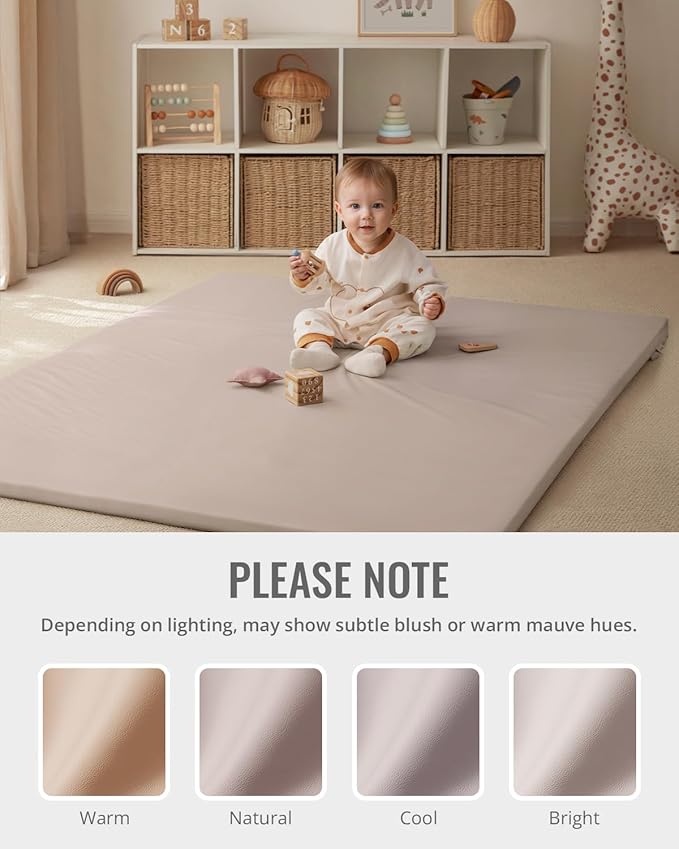 Blissful Diary Vegan Leather Baby Play Mat, 47x47 Thicken Foam Cushioned & Waterproof Playpen Mat for Infants and Toddlers, Stylish and Just Wipe-Clean Playmat for Baby Play on Floor, Taupe