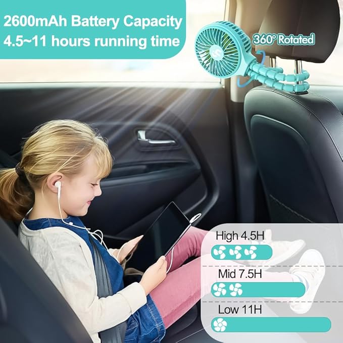 HomeLifairy Portable Stroller Fan, USB or Rechargeable Battery Operated with 3 Speeds and 360°Rotate, Cooling Clip On for Baby Crib Travel Car Seat Blue