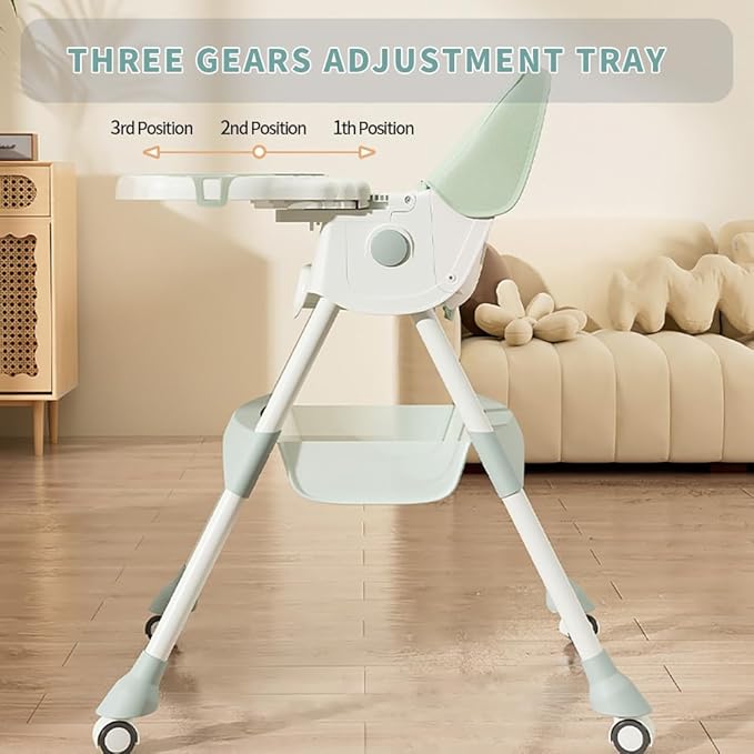 High Chairs for Babies and Toddlers, 4 in 1 Convertible Baby High Chair, Portable High Chair for Travel with Adjustable Height and Back, Foldable HighChair with Wheels& Pu Cushion (Green)