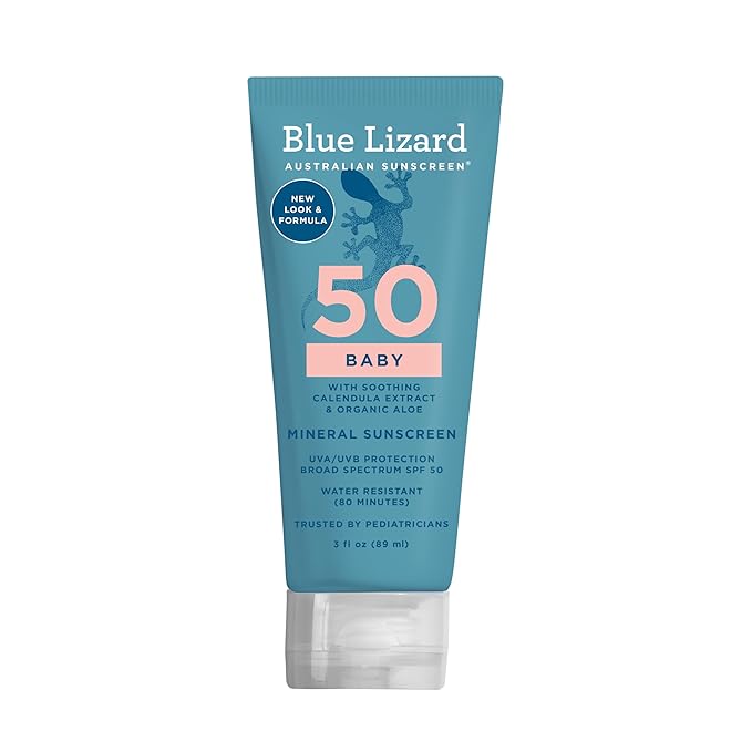 BLUE LIZARD Baby Mineral Sunscreen with Zinc Oxide, SPF 50+, Water Resistant, UVA/UVB Protection with Smart Cap Technology - Fragrance Free, 3 Ounce Tube