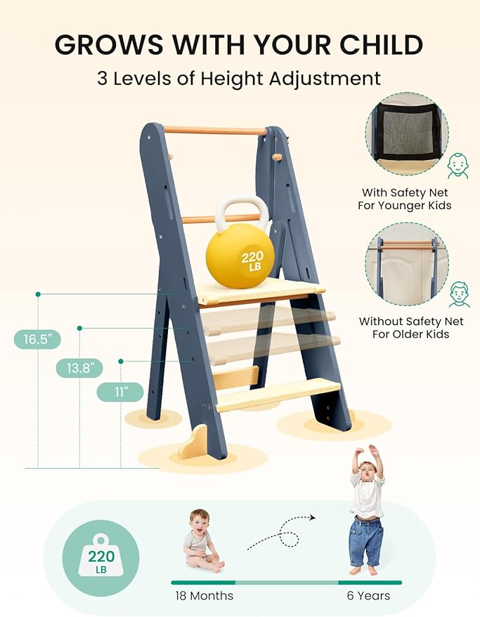 GROWNSY Foldable Step Stool Toddler Tower, Toddler Kitchen Stool Helper, Collapsible Kids Standing Learning Tower with 3 Adjustable Heights and Safety Net for Kitchen Bathroom Sink Counter (Blue Gray)