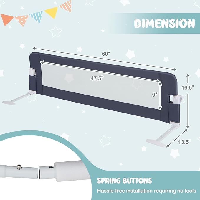 BABY JOY Bed Rails for Toddlers, Extra Long, Swing Down Safety Bed Guard for Convertible Crib, Folding Baby Bedrail for Kids Twin, Double, Full Size Queen & King Mattress (60-Inch, Dark Blue)